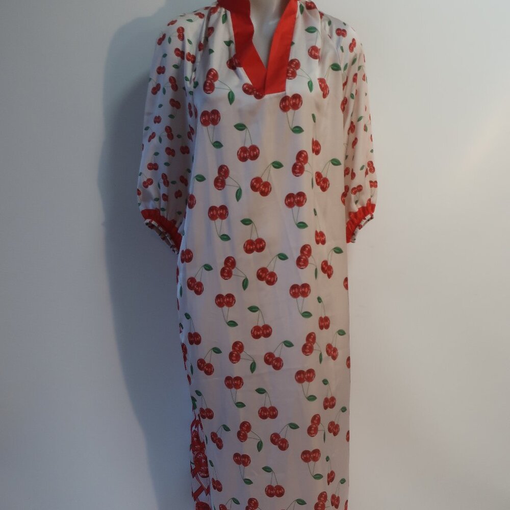 NWT Bululu Resort Wear "Villas" Dull Satin Cherries Print Red, Wht Maxi Dress M